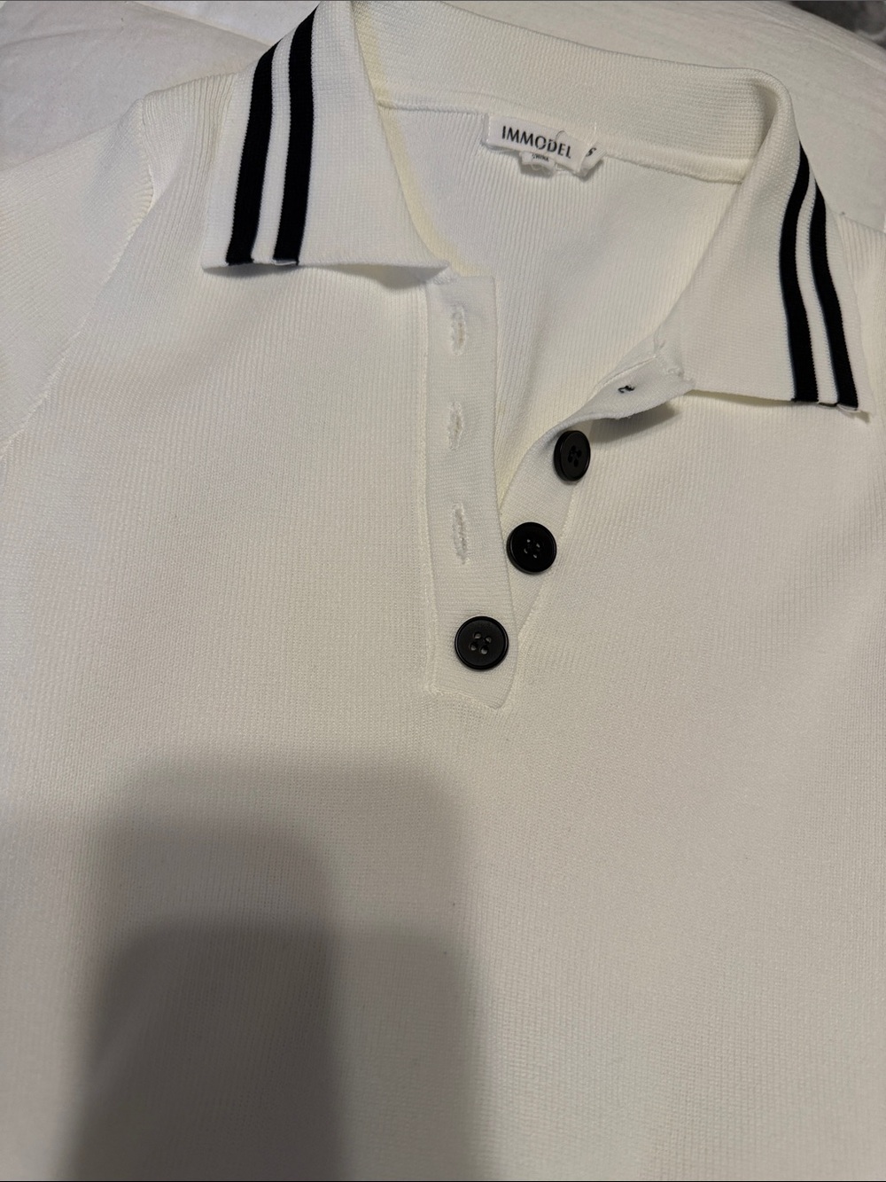 Trendy White Knit Polo Top & Pleated Mini Skirt Set with Black Stripes - Picture 9 of 11
